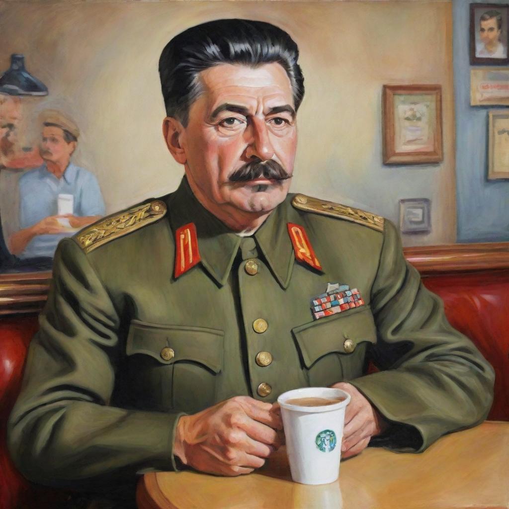 A caricature interpretation of Joseph Stalin, donning his military uniform, comfortably seated in a cafe setting, amusingly sipping a Starbucks iced coffee.