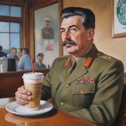 A caricature interpretation of Joseph Stalin, donning his military uniform, comfortably seated in a cafe setting, amusingly sipping a Starbucks iced coffee.