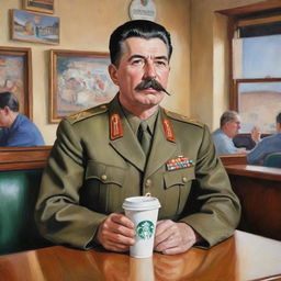 A caricature interpretation of Joseph Stalin, donning his military uniform, comfortably seated in a cafe setting, amusingly sipping a Starbucks iced coffee.