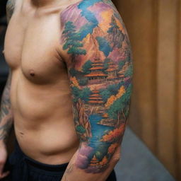 A detailed full sleeve tattoo in the Nepali style, showcasing elements of Himalayan landscapes and Buddhist iconography, using a rich palette of colors.