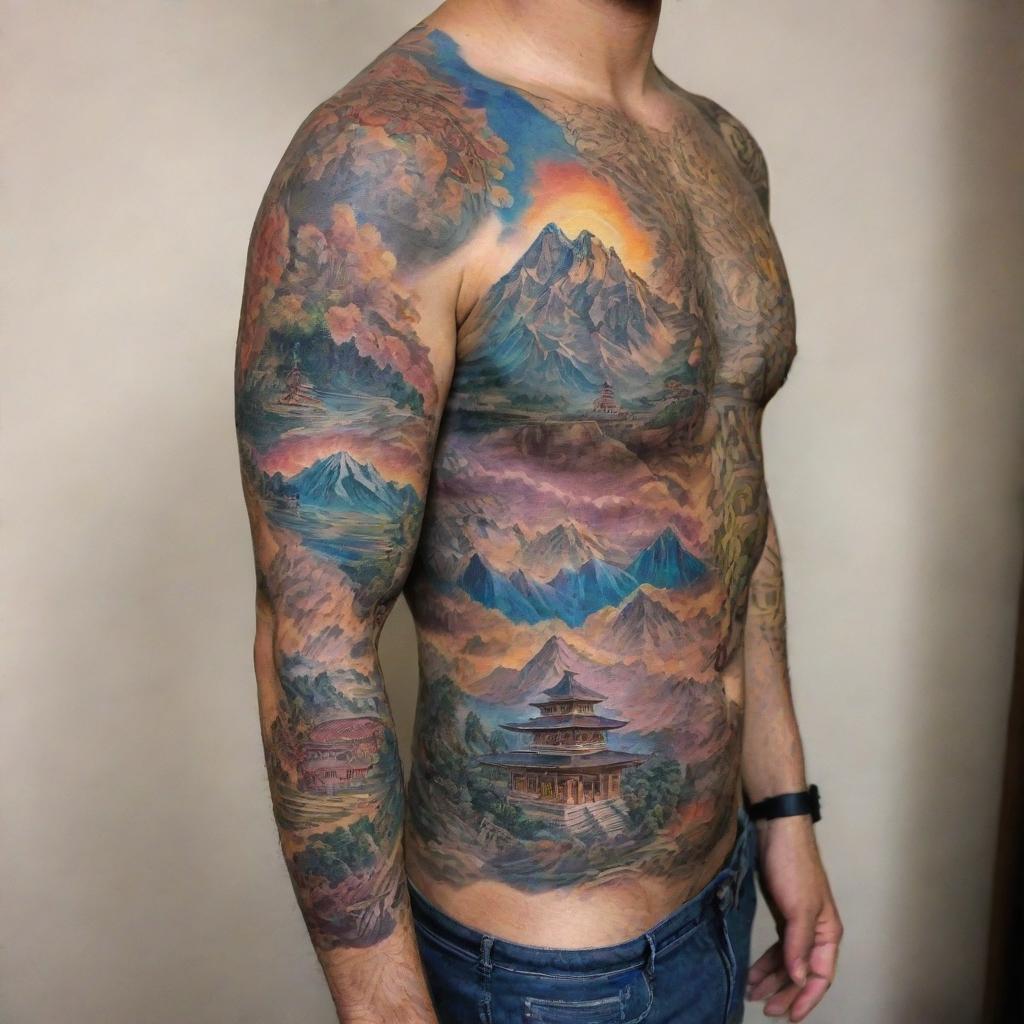 A detailed full sleeve tattoo in the Nepali style, showcasing elements of Himalayan landscapes and Buddhist iconography, using a rich palette of colors.