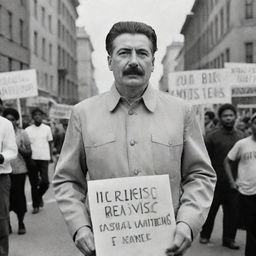 An alternative history depiction of Joseph Stalin, wearing casual modern clothes, standing amidst a peaceful Black Lives Matter protest, holding a sign endorsing social justice.