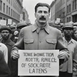 An alternative history depiction of Joseph Stalin, wearing casual modern clothes, standing amidst a peaceful Black Lives Matter protest, holding a sign endorsing social justice.