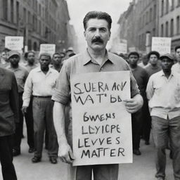 An alternative history depiction of Joseph Stalin, wearing casual modern clothes, standing amidst a peaceful Black Lives Matter protest, holding a sign endorsing social justice.