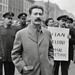 An alternative history depiction of Joseph Stalin, wearing casual modern clothes, standing amidst a peaceful Black Lives Matter protest, holding a sign endorsing social justice.