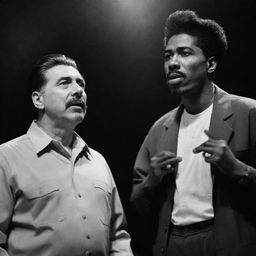 A playful image of a time-bending duo: Joseph Stalin and Tupac Shakur in contemporary rapper attires, engaged in a passionate rap battle under vibrant stage lights.