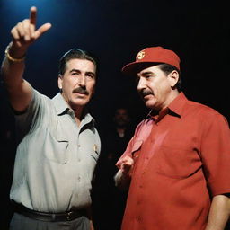 A playful image of a time-bending duo: Joseph Stalin and Tupac Shakur in contemporary rapper attires, engaged in a passionate rap battle under vibrant stage lights.