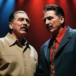 A playful image of a time-bending duo: Joseph Stalin and Tupac Shakur in contemporary rapper attires, engaged in a passionate rap battle under vibrant stage lights.