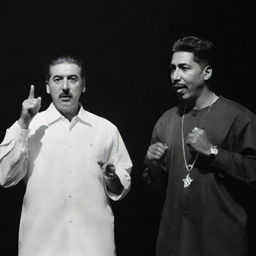 A playful image of a time-bending duo: Joseph Stalin and Tupac Shakur in contemporary rapper attires, engaged in a passionate rap battle under vibrant stage lights.