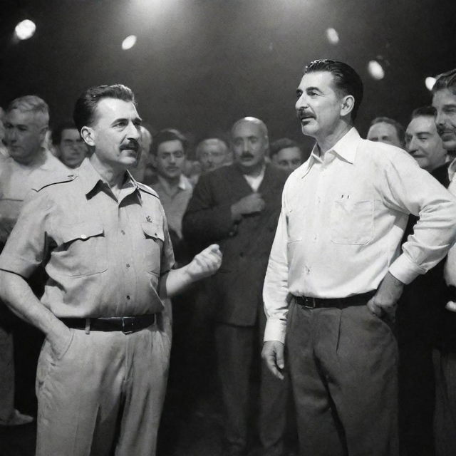 A surreal depiction of Joseph Stalin in modern casual attire, standing on stage under bright spotlights, next to Tupac Shakur, both in an engaging conversation in front of a cheering crowd.