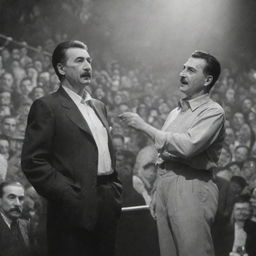 A surreal depiction of Joseph Stalin in modern casual attire, standing on stage under bright spotlights, next to Tupac Shakur, both in an engaging conversation in front of a cheering crowd.