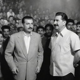 A surreal depiction of Joseph Stalin in modern casual attire, standing on stage under bright spotlights, next to Tupac Shakur, both in an engaging conversation in front of a cheering crowd.