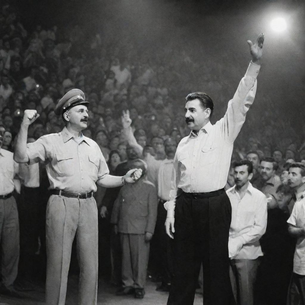 A surreal depiction of Joseph Stalin in modern casual attire, standing on stage under bright spotlights, next to Tupac Shakur, both in an engaging conversation in front of a cheering crowd.