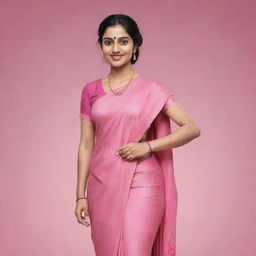 Generate a 3D illustration of an animated woman in a pink saree, posing casually atop the Telegram logo. She has a modern heroine style. The backdrop is a social media profile page with the username 'Nila Chowdhury', and its profile picture should match her appearance.