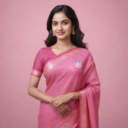 Generate a 3D illustration of an animated woman in a pink saree, posing casually atop the Telegram logo. She has a modern heroine style. The backdrop is a social media profile page with the username 'Nila Chowdhury', and its profile picture should match her appearance.