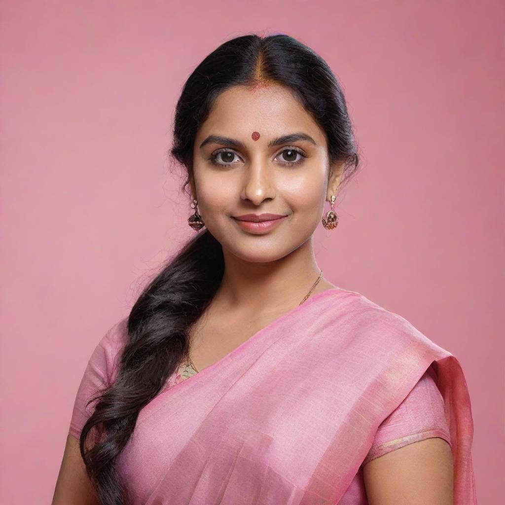 Generate a 3D illustration of an animated woman in a pink saree, posing casually atop the Telegram logo. She has a modern heroine style. The backdrop is a social media profile page with the username 'Nila Chowdhury', and its profile picture should match her appearance.