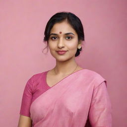 Generate a 3D illustration of an animated woman in a pink saree, posing casually atop the Telegram logo. She has a modern heroine style. The backdrop is a social media profile page with the username 'Nila Chowdhury', and its profile picture should match her appearance.