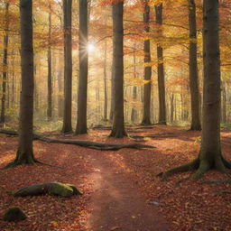 An enchanting forest during the fall with leaves of various warm colors covering the ground and rays of sunlight peeking through the tree branches.