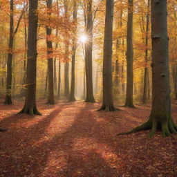 An enchanting forest during the fall with leaves of various warm colors covering the ground and rays of sunlight peeking through the tree branches.