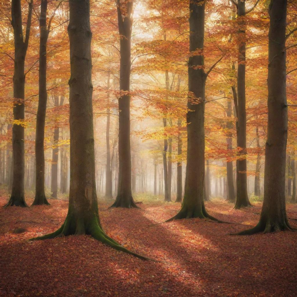 An enchanting forest during the fall with leaves of various warm colors covering the ground and rays of sunlight peeking through the tree branches.