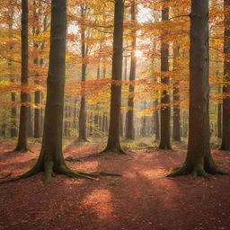 An enchanting forest during the fall with leaves of various warm colors covering the ground and rays of sunlight peeking through the tree branches.