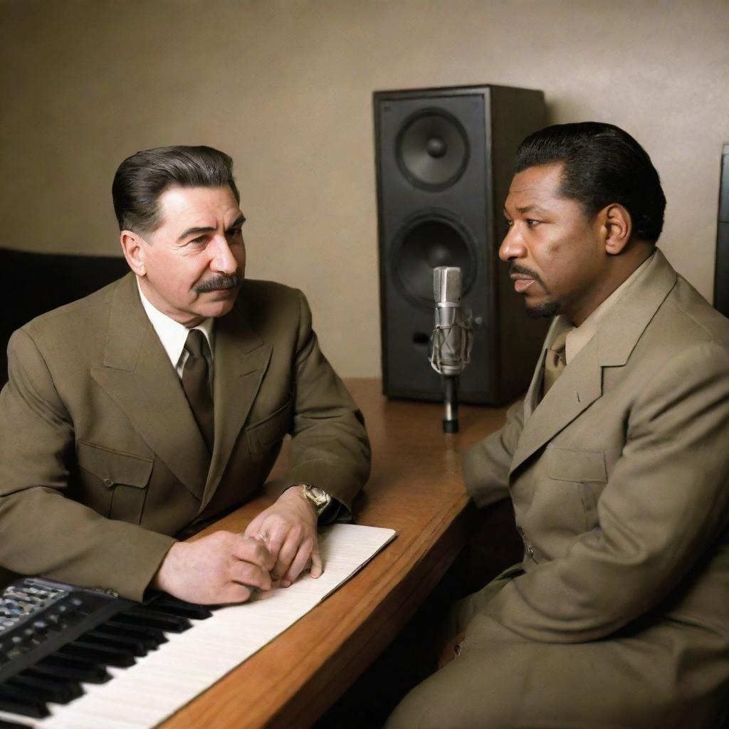 An amusing, hypothetical scenario with Joseph Stalin and 50 Cent sitting conversing in a modern, high-end recording studio filled with music production equipment.