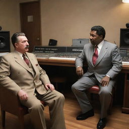 An amusing, hypothetical scenario with Joseph Stalin and 50 Cent sitting conversing in a modern, high-end recording studio filled with music production equipment.