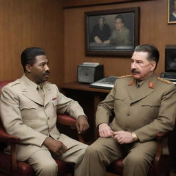 An amusing, hypothetical scenario with Joseph Stalin and 50 Cent sitting conversing in a modern, high-end recording studio filled with music production equipment.