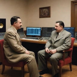 An amusing, hypothetical scenario with Joseph Stalin and 50 Cent sitting conversing in a modern, high-end recording studio filled with music production equipment.