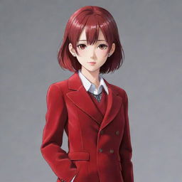 Anime girl character dressed in a stylish red velvet jacket