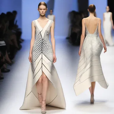 The designer showcased an avant-garde dress with isosceles patterns on the bodice.