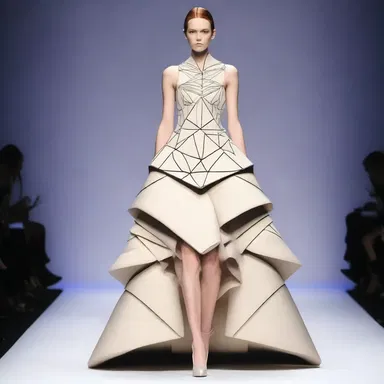 The designer showcased an avant-garde dress with isosceles patterns on the bodice.
