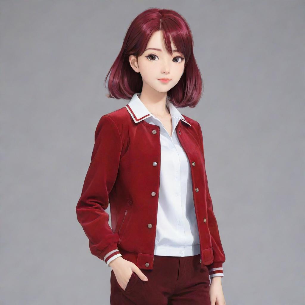 Anime girl character dressed in a stylish red velvet jacket