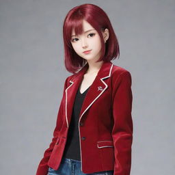 Anime girl character dressed in a stylish red velvet jacket