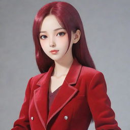 Anime girl character dressed in a stylish red velvet jacket