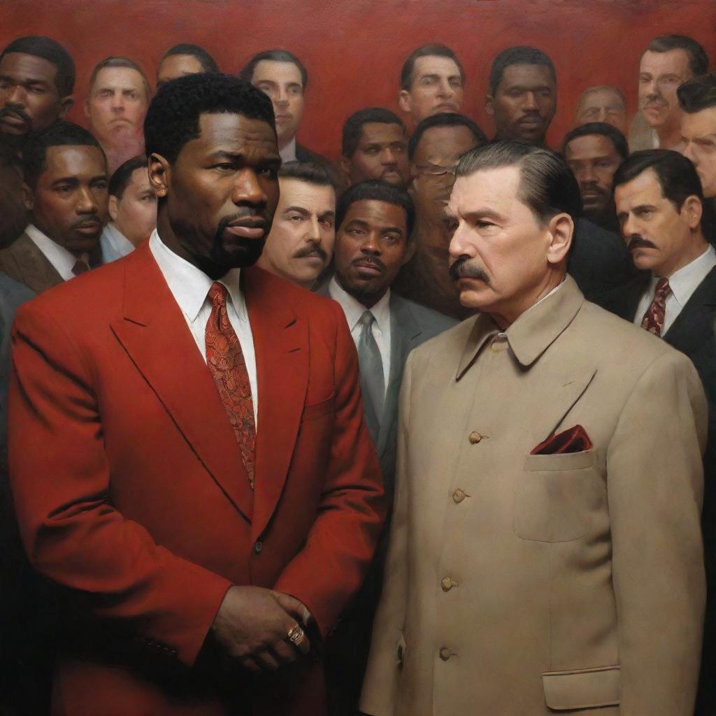 A extraordinary interpretation of a scene from the film 'Get Rich or Die Tryin', with 50 Cent and Joseph Stalin replacing the original characters, immersed in a pertinent moment from the film.