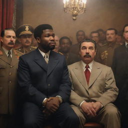 A extraordinary interpretation of a scene from the film 'Get Rich or Die Tryin', with 50 Cent and Joseph Stalin replacing the original characters, immersed in a pertinent moment from the film.