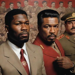 A extraordinary interpretation of a scene from the film 'Get Rich or Die Tryin', with 50 Cent and Joseph Stalin replacing the original characters, immersed in a pertinent moment from the film.