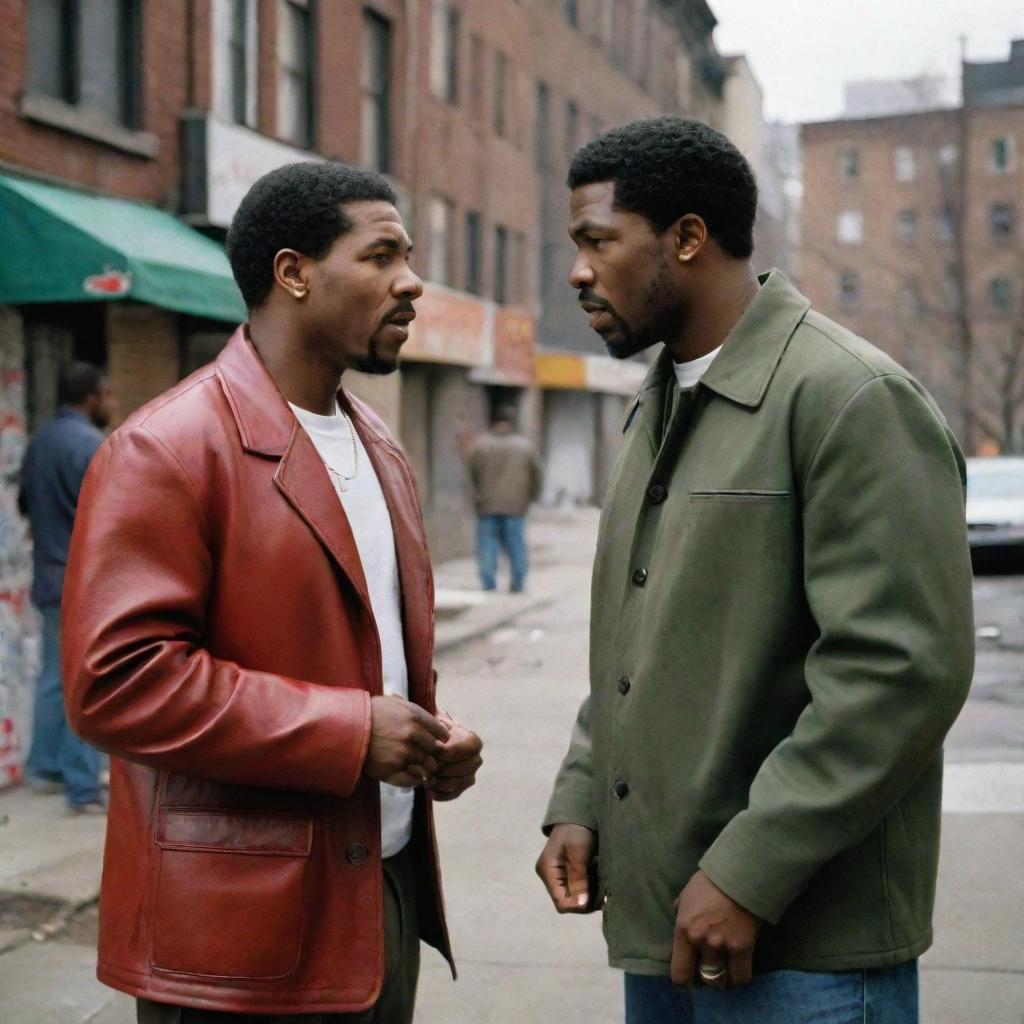 Reimagine a scene from 'Get Rich or Die Tryin' set in early 2000's New York hood, featuring Joseph Stalin and 50 Cent engaged in intense conversation amidst urban scenery with graffitied walls and pulsating city life.