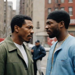 Reimagine a scene from 'Get Rich or Die Tryin' set in early 2000's New York hood, featuring Joseph Stalin and 50 Cent engaged in intense conversation amidst urban scenery with graffitied walls and pulsating city life.