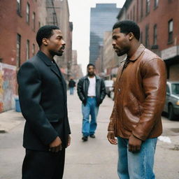 Reimagine a scene from 'Get Rich or Die Tryin' set in early 2000's New York hood, featuring Joseph Stalin and 50 Cent engaged in intense conversation amidst urban scenery with graffitied walls and pulsating city life.