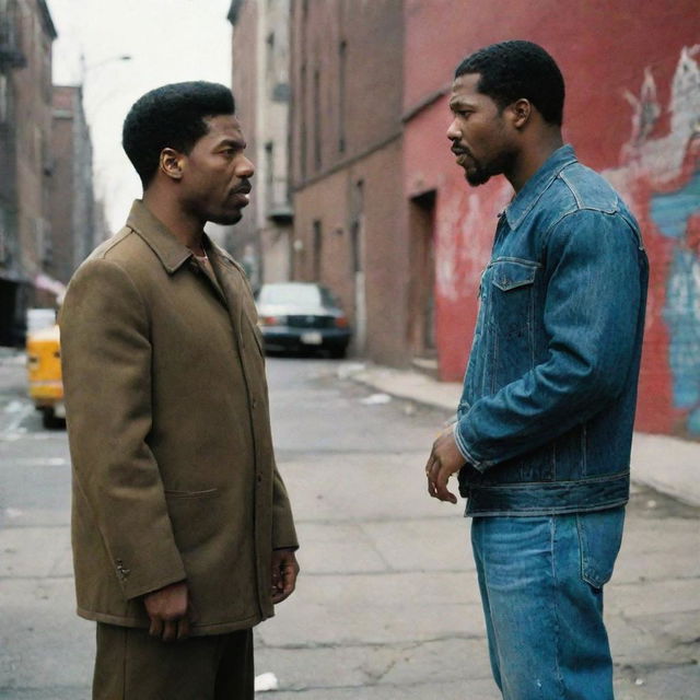 Reimagine a scene from 'Get Rich or Die Tryin' set in early 2000's New York hood, featuring Joseph Stalin and 50 Cent engaged in intense conversation amidst urban scenery with graffitied walls and pulsating city life.