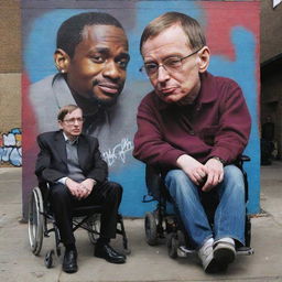 A stylised depiction of Stephen Hawking and 50 Cent in an unexpectedly amusing interpretation of a scene from 'Get Rich or Die Tryin'', set in early 2000s' New York hood, exchanging a philosophical discourse among vibrant graffiti tags and boisterous city life.