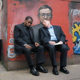 A stylised depiction of Stephen Hawking and 50 Cent in an unexpectedly amusing interpretation of a scene from 'Get Rich or Die Tryin'', set in early 2000s' New York hood, exchanging a philosophical discourse among vibrant graffiti tags and boisterous city life.