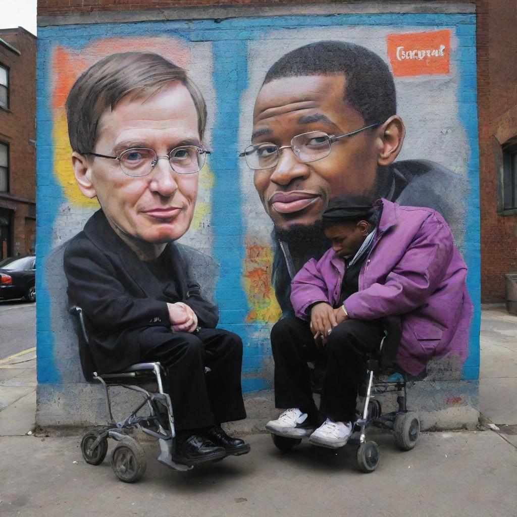 A stylised depiction of Stephen Hawking and 50 Cent in an unexpectedly amusing interpretation of a scene from 'Get Rich or Die Tryin'', set in early 2000s' New York hood, exchanging a philosophical discourse among vibrant graffiti tags and boisterous city life.