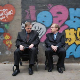 A stylised depiction of Stephen Hawking and 50 Cent in an unexpectedly amusing interpretation of a scene from 'Get Rich or Die Tryin'', set in early 2000s' New York hood, exchanging a philosophical discourse among vibrant graffiti tags and boisterous city life.