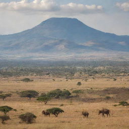 A picturesque landscape of Ethiopia, showcasing its diverse geography with mountains in the back, a vast savannah in the mid-ground, and native wildlife roaming freely.