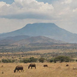 A picturesque landscape of Ethiopia, showcasing its diverse geography with mountains in the back, a vast savannah in the mid-ground, and native wildlife roaming freely.