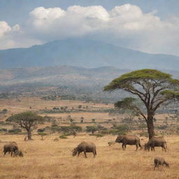 A picturesque landscape of Ethiopia, showcasing its diverse geography with mountains in the back, a vast savannah in the mid-ground, and native wildlife roaming freely.