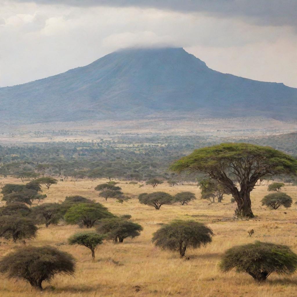 A picturesque landscape of Ethiopia, showcasing its diverse geography with mountains in the back, a vast savannah in the mid-ground, and native wildlife roaming freely.